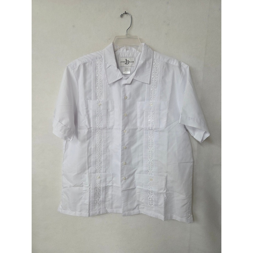 John Blair Guayabera Shirt Mens Large White Short Sleeve Embroidered Pockets New